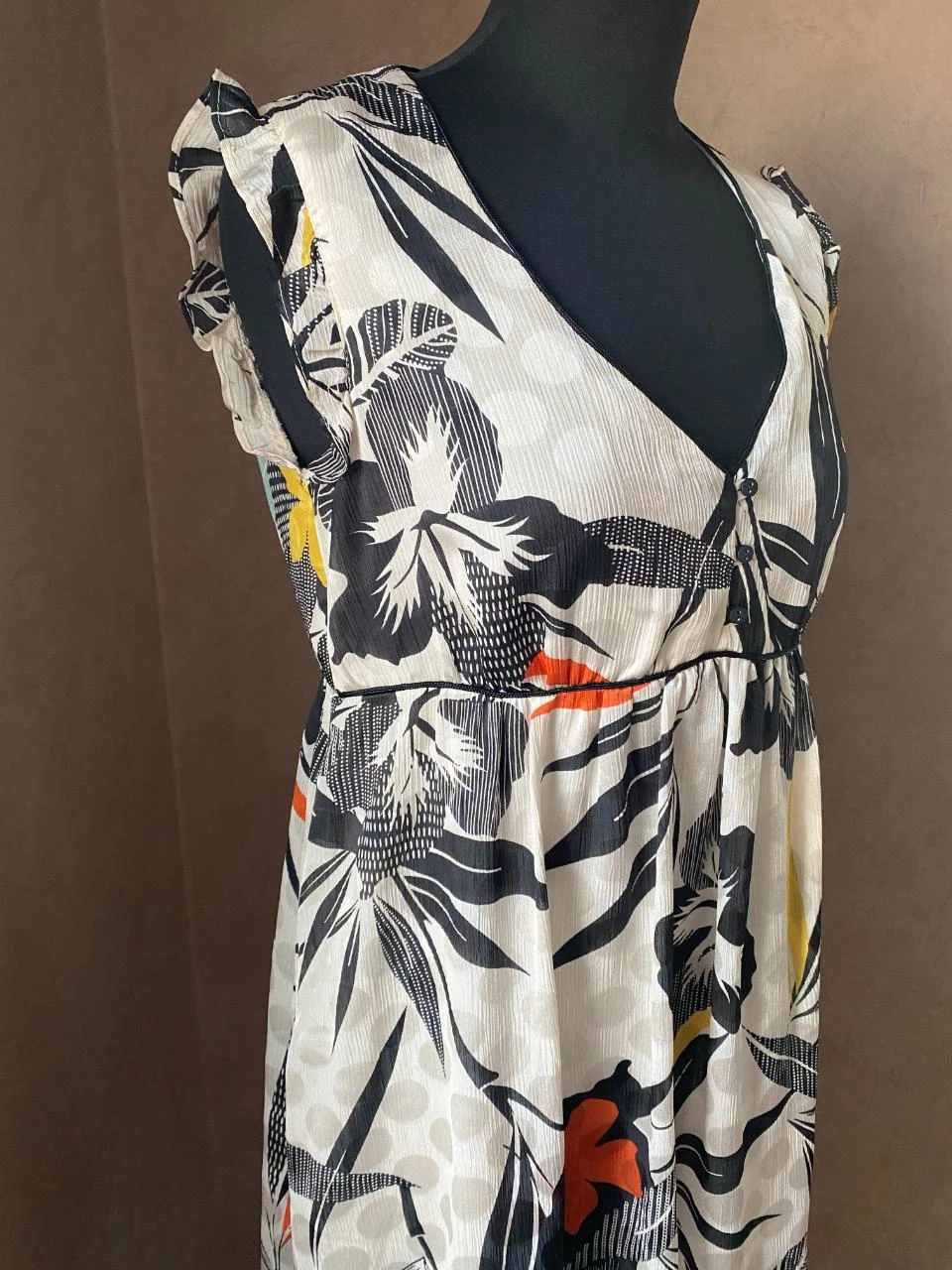 Promod jurk maat 38 wit met tropische print zwart geel – vloeiend, gevoerd – photo 4